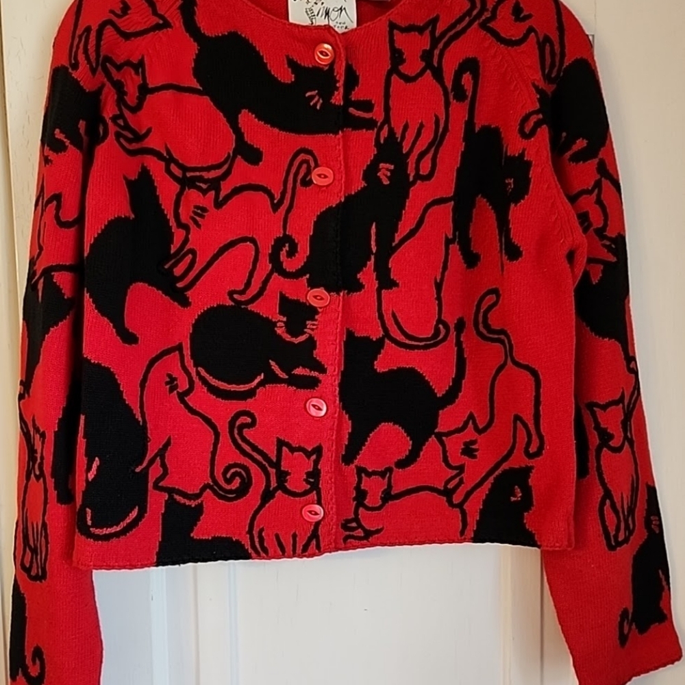 Michael Simon New York Woman Red Black CATS Cardigan Sweater Handmade Vintage Sm